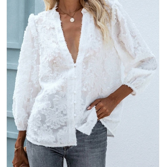 Classic Fuzzy Floral Button Down Long Sleeve Top - Picture 3 of 10